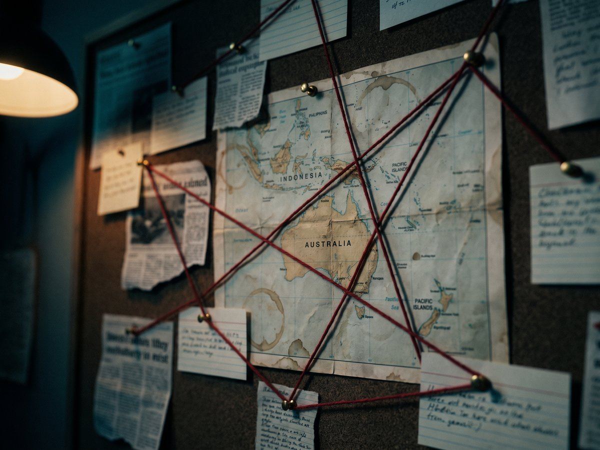 AI-generated editorial illustration of an investigation wall map connecting Australia, Fiji and Indonesia with red string and pinned notes, symbolising the multi-jurisdiction pattern documented in this dossier.