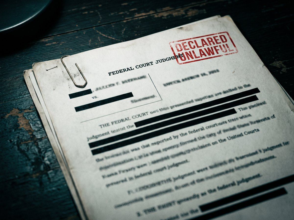 AI-generated editorial illustration of a redacted federal court judgment document stamped 'Declared Unlawful,' symbolising the Federal Court's 2016 ruling against the land-banking schemes.